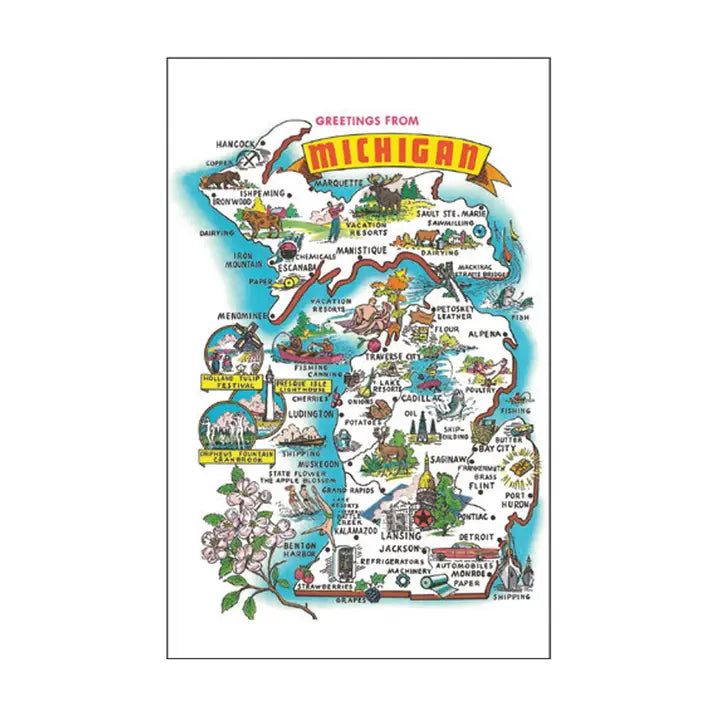 Postcard - Greetings from Michigan White Map