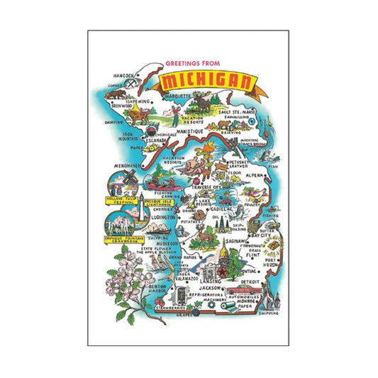 Postcard - Greetings from Michigan White Map